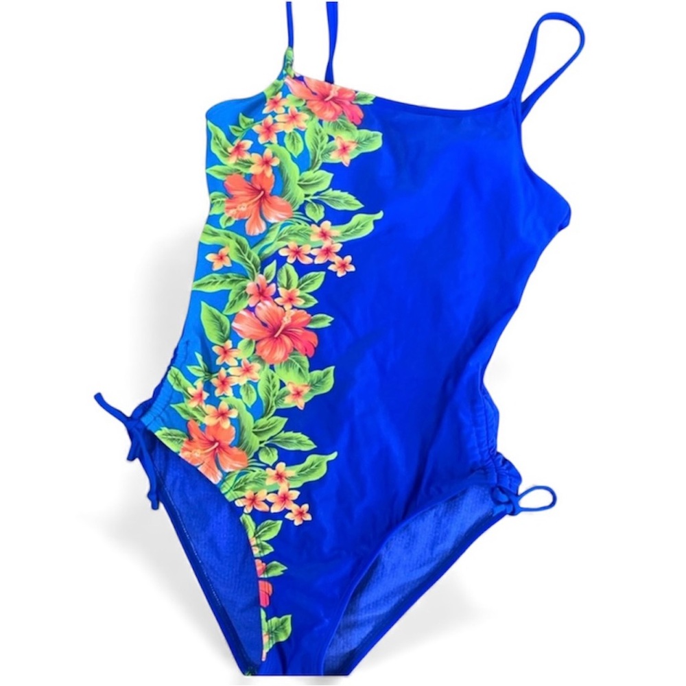 Vintage Beach Native One-Piece Bathing Suit – Floral – Bright Blue